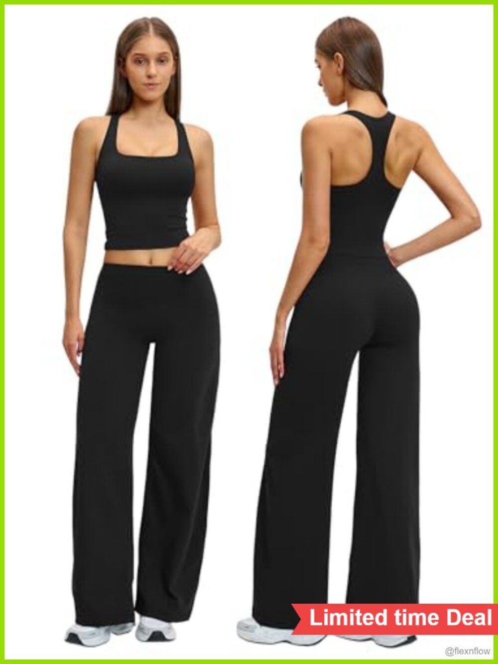Two Piece Workout Set Racerback Crop Tank Wide Leg Yoga Pants Active Gym Outfit